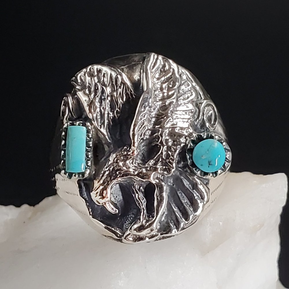 Men's Designer Jewelry Solid Sterling Silver 925 Ring Genuine Turquoise